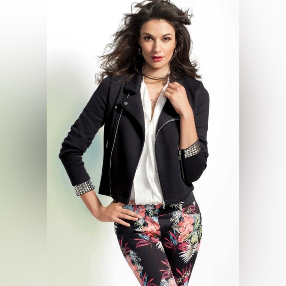 Cache Black Sweater Moto Jacket with Silver Studded Wrists Sz M